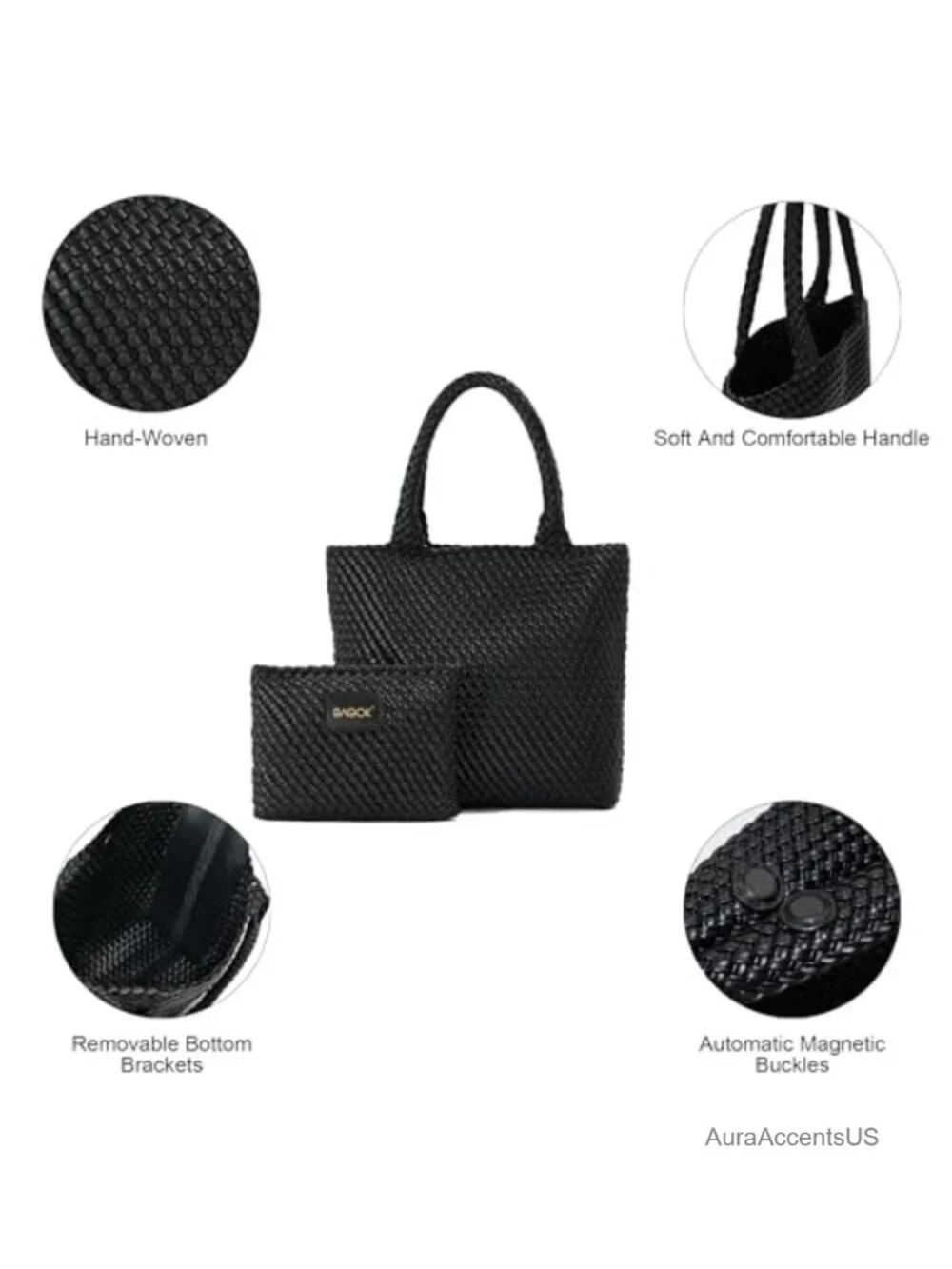 Handwoven Vegan Leather Tote Bag with Clutch for Work Travel Beach